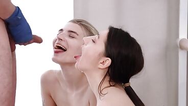 Dark haired skinny chick sharing one schlong with her blonde friend in an MFF